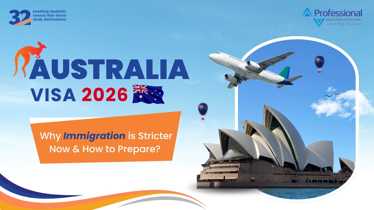 Australia Visa 2026 feature image showing Sydney Opera House, airplane, and PEC branding — why immigration is stricter for Nepali students
